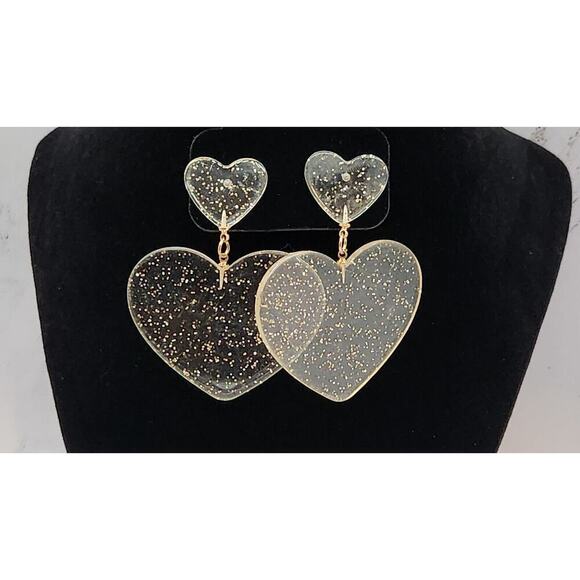 Heart Earrings for Women – Acrylic with Gold Glitter, New - Picture 2 of 2